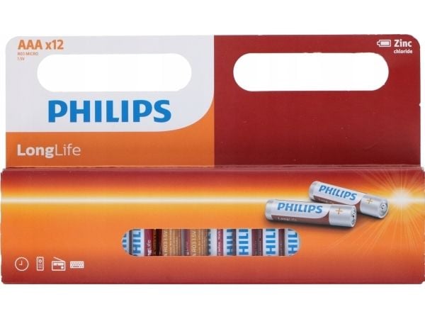 Philips LongLife – sett med sinkbatterier AAA/R03 1,5V (12 stk.)