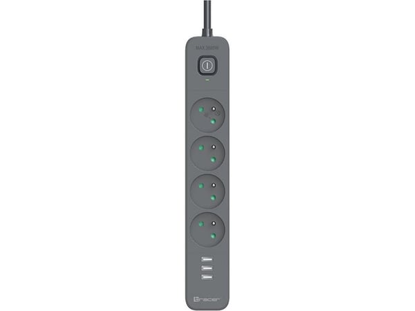 Tracer PowerLine + - Effektband - mobilredo - AC 230 V - 3680 watt - utgångskontakter: 4 (4 x kraft Typ E, 3 x USB typ A) - 1.5 m sladd - grafit