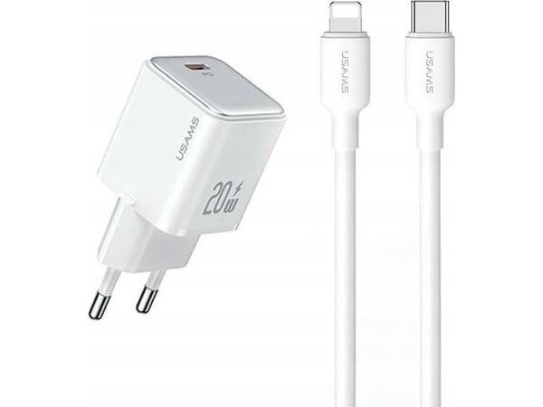 USAMS nätladdare US-CC183 USB-C 20W PD3.0 + USB-C till Lightning-kabel US-SJ610 vit