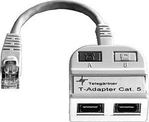 Telegärtner T-Adaptor S Cat.5e, 2xTR light grey RAL 7035, 0,15 m, RJ-45, 2 x RJ-45