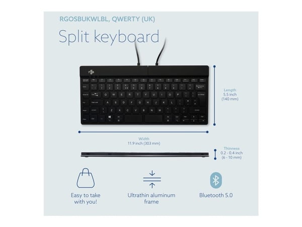 R-Go Ergonomic Keyboard Split break - Tastatur - with integrated break indicator - trådløs - Bluetooth 5.0 - QWERTY - Storbritannia - svart