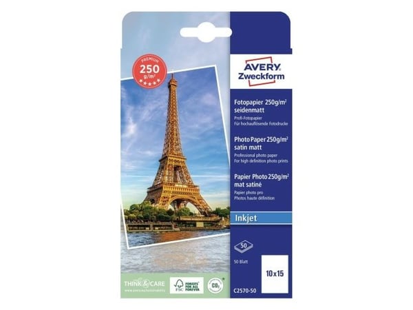 Avery C2570-50, Halvblank, 250 g/m², Inkjet, 10x15 cm, Vit, 50 ark