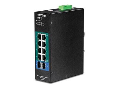 TRENDnet TI-PG102I - Switch - Styrt - 8 x 10/100/1000 (PoE+) + 2 x Gigabit SFP - DIN-skinnemonterbar - PoE+ (240 W) - likestrøm - TAA-samsvar