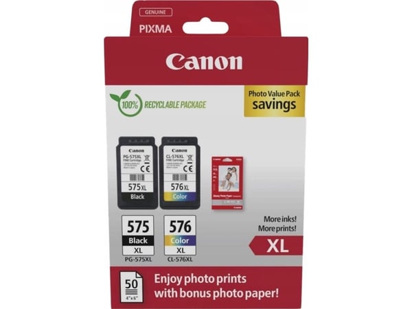 Canon PG-575XL/CL-576XL Photo Paper Value Pack - 2-pack - Høy ytelse - svart, farge (cyan, magenta, gul) - original - hengeboks - blekkpatron/papir...