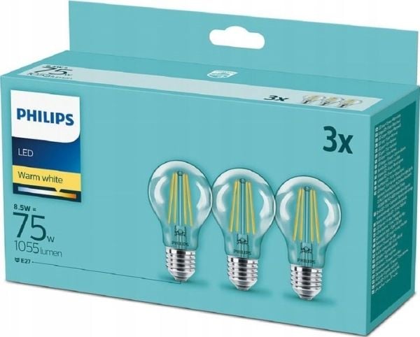 Philips Hehkulankalamppu, kirkas 75W A60 E27 x3, 8,5 W, 75 W, E27, 1055 lm, 15000 h, Lämmin valkoinen
