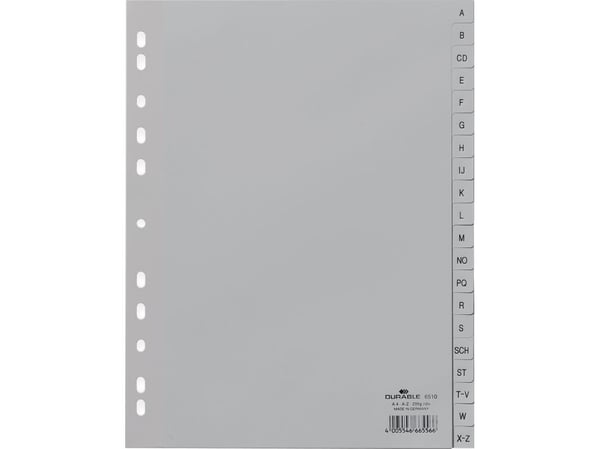 Durable 651010, Alfabetisk faneindeks, Polypropylen (PP), Grå, Portrett, A4, 230 mm