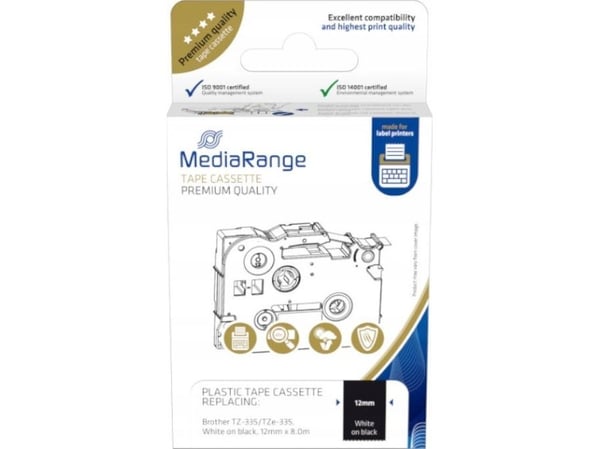 MediaRange - Laminert - permanet adhesiv - hvitt på svart - Rull (1,2 cm x 8 m) 1 kassett(er) hengeboks - merketape (alternativ for: Brother TZ-335...