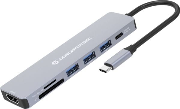 Conceptronic DONN19G, Koblet med ledninger (ikke trådløs), USB 3.2 Gen 1 (3.1 Gen 1) Type-C, 100 W, Grå, MicroSD (TransFlash), SD, 5 Gbit/s