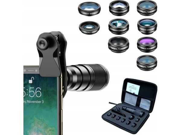 Apexel 12-i-1 mobilobjektivsett 22x tele/fisheye/makro 15x wide 0,63x filter (Apl-22xdg9)
