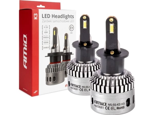 Led auton polttimot k3 h3 sarja 12v 6000k canbus amio-03681
