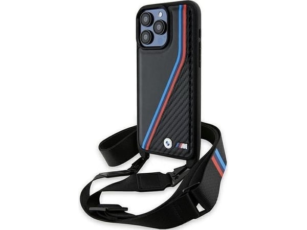 BMW BMHCP15L23PSVTK deksel til Apple iPhone 15 Pro 6,1" hardcase M Edition Carbon Tricolor Lines & Strap, sort