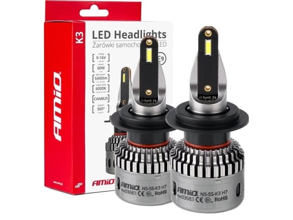 Led-bilglödlampor k3 h7 serie 12v 6000k canbus amio-03683