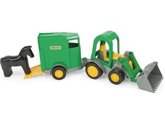 Wader traktor med skuffe og med tilhenger og hest