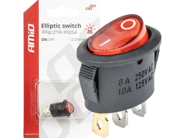 Bryter/velger rød oval med lys 12V/230V AMiO BU01 (AMIO-03612)