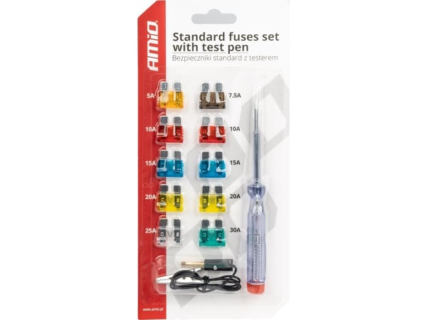 AMiO standardsikringer sett komplett 10 stk + spenningsmåler amio-03523