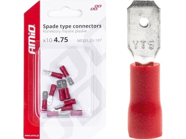 AMiO isolerte han-kontakter flate 4.75 mm, 0.5-1.5 mm², 10A, 10 stk amio-03065