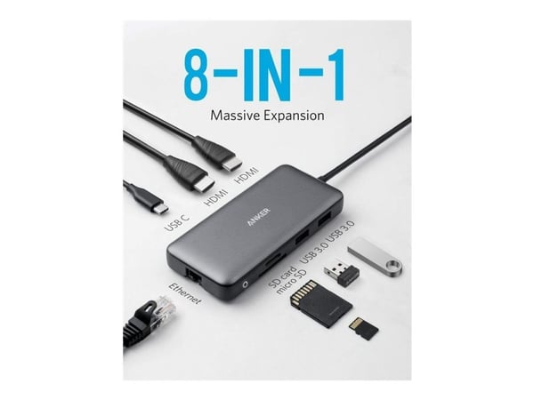 Anker PowerExpand 8-in-1 USB-C PD Media Hub - Dokkingstasjon - USB-C - 2 x HDMI - 1GbE