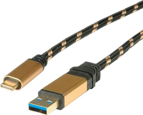 ROLINE USB 0.5m, 0,5 m, USB A, USB C, USB 3.2 Gen 2 (3.1 Gen 2), Hankjønn/hankjønn, Sort, Gull