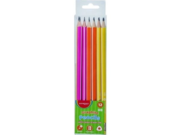 Keyroad trekantet tremarkør/blyant med viskelær Keyroad HB neon 12 stk (plastboks)