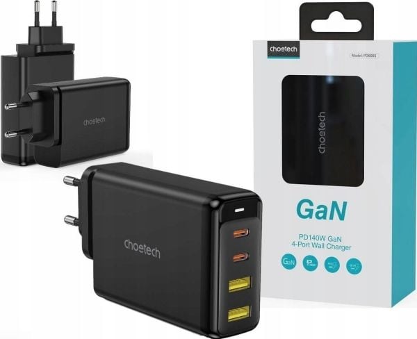 Choetech GaN-lader 140 W 4 porter (2x USB C, 2x USB) sort (PD6005)