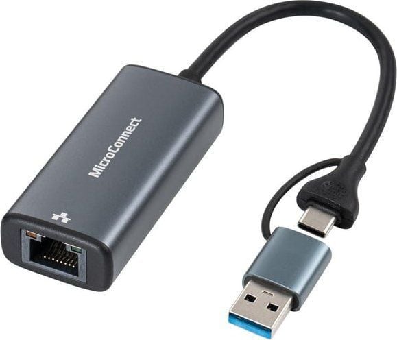 Microconnect MC-USBACNET2.5G, USB C, RJ-45, 0,2 m, Musta
