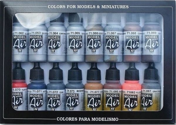 Vallejo 71.181, 17 ml, Aluminium, Blå, Messing, Kopper, Gull, Grå, Rød, Sølv, Flaske