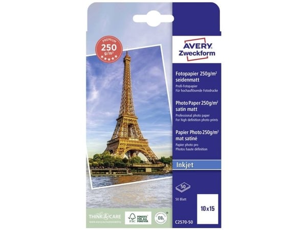 Avery C2570-50, Semi--blank, 250 g/m², Blekkdyse, 10x15 cm, Hvit, 50 ark