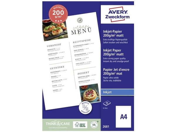 Avery 2681, matt, 200 g/m², blekkskriver, A4, hvit, 50 ark