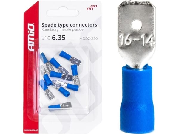 AMiO isolerte han-kontakter, flate 6,35 mm 1,5-2,5 mm² 15A, 10 stk. amio-03070