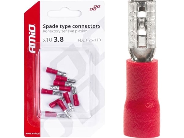 AMiO isolerte hunn flate kontakter 3,8 mm 0,5–1,5 mm² 10A, 10 stk amio-03060