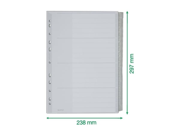 Leitz - Inndeler - 20 deler - fortrykt: A-Z, 1-20 - for A4 (210 x 297 mm) - med fliker - grå