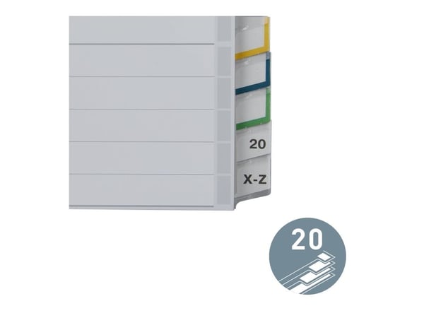 Leitz - Inndeler - 20 deler - fortrykt: A-Z, 1-20 - for A4 (210 x 297 mm) - med fliker - grå