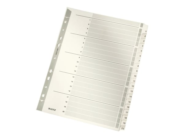 Leitz - Inndeler - 20 deler - fortrykt: 1-20 - for A4 (210 x 297 mm) - med fliker - grå