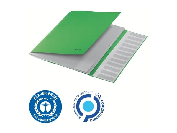 Leitz Recycle esijärjestin 12-jakoinen kartonki, Tavanomainen paperikansio, A4, Kartonki, Vihreä, 430 g/m², Kuminauha