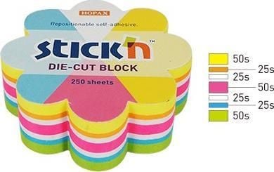 Stickn Notes kukka, 67x67mm, sekoitus 5 väriä neon+valkoinen, 250korttia Stick "n 21833