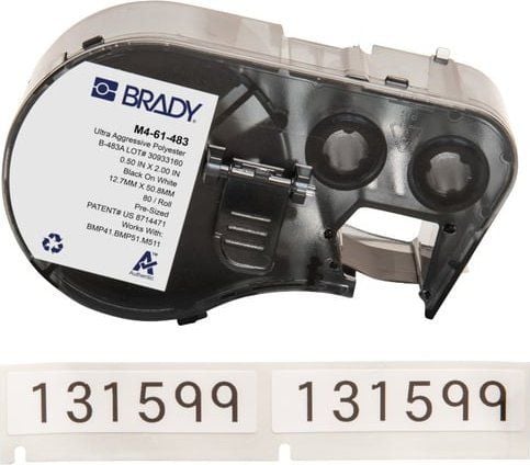 Brady M4-61-483, musta, Valkoinen, Itse kiinnittyvä tulostintarra, Polyesteri, Lämpösiirto, Kumi, Kiinteä