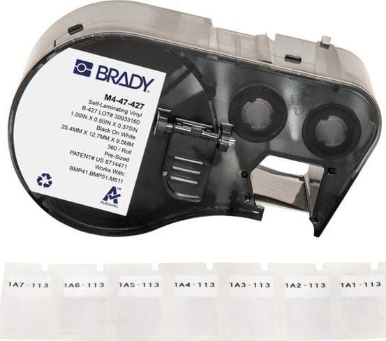 Brady M4-47-427, Sort, Hvit, Selvklebende skriveretikett, Vinyl, Trermisk overføring, Akryl, Permanent
