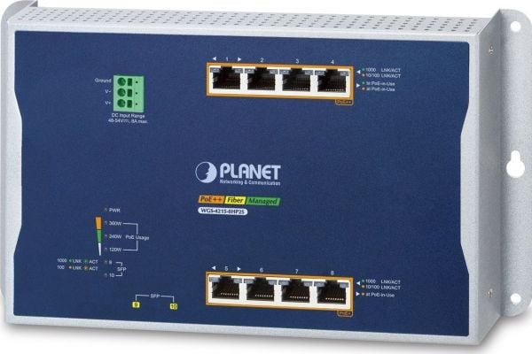 PLANET IP30, IPv6/IPv4, 4-Port, Håndtert, L2/L2+, Gigabit Ethernet (10/100/1000), Full tosidig, Strøm over Ethernet (PoE), Kan monteres på vegg