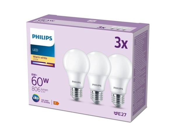 Philips - LED-lyspære - form: A60 - mattslipt finish - E27 - 8 W (ekvivalent 60 W) - klasse F - varmt hvitt lys - 2700 K (en pakke 3)