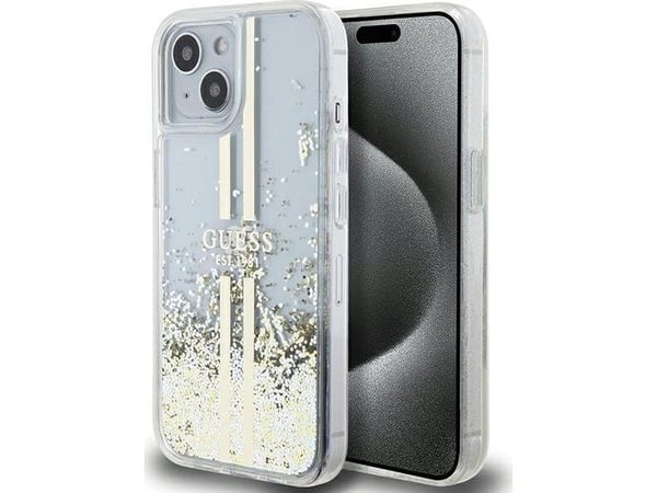 Guess Liquid Glitter Gold Stripes-skal till iPhone 15 Plus / 14 Plus - transparent Guess Liquid Glitter Gold Stripes-skal till iPhone 15 Plus / 14 Plus - transparent