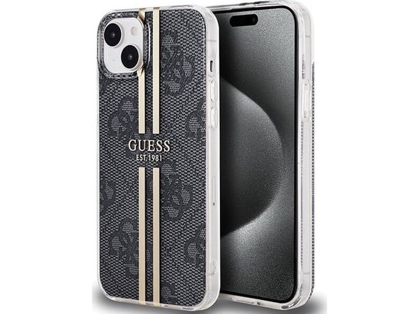 Originalt frontpaneldeksel GUESS GUHCP15MH4PSEGK for iPhone 15 Plus (4G Gold Stripe / Black)