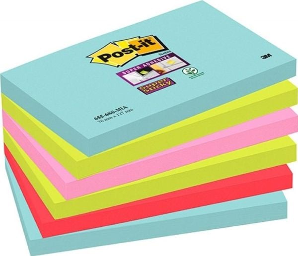 Post-it Super Sticky 6556SMI - Noter - 127 x 76 mm - 540 ark (6 x 90) - turkis, neongrønn, neonrosa, valmuerød