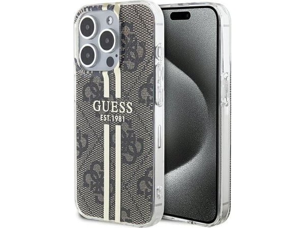 Originalt frontpaneldeksel GUESS GUHCP15MH4PSEGW for iPhone 15 Pro (4G Gold Stripe / Brun)