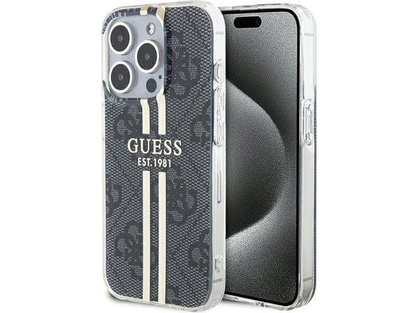 Originalt frontpaneldeksel GUESS GUHCP15LH4PSEGK for iPhone 15 Pro (4G Gold Stripe / Black)