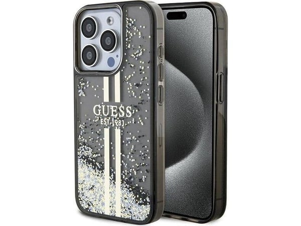 Originalt frontpaneldeksel GUESS GUHCP15LLFCSEGK for iPhone 15 Pro (Liquid Glitter Gold Stripes / Black)