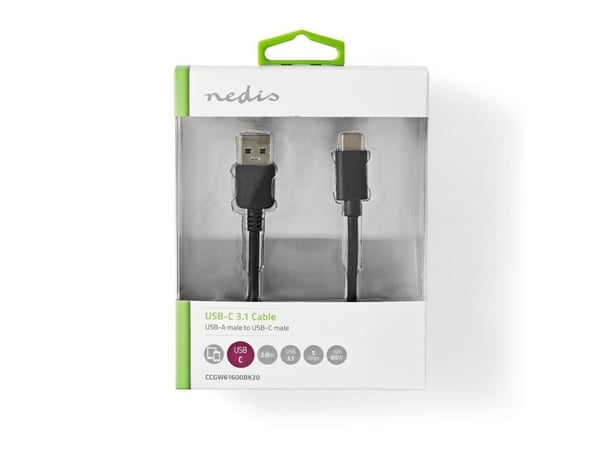 Nedis - USB-kabel - USB-C (hann) til USB-type A (hann) - USB 3.1 - 20 V - 5 A - 2 m - rund, USB Power Delivery (5 A, 100 W) - svart