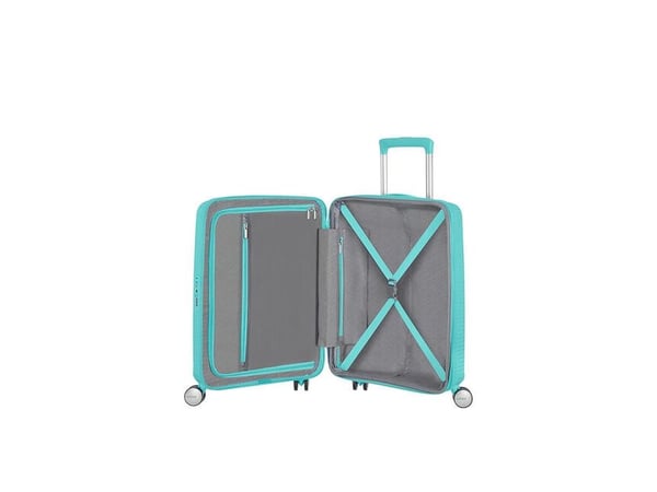 American Tourister Sounbox Spinner Expandable (4 wheels) 55cm, Tralle, Hard overflate, Blå, Poolside Blue, Liten (fingerbøl), Polypropylen (PP)