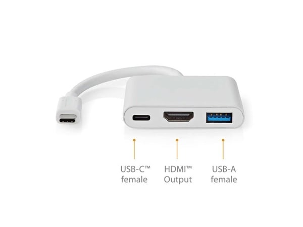 Nedis CCGB64770WT01, Koblet med ledninger (ikke trådløs), USB Type-C, 7,5 W, Hvit, 30 Hz, HDMI, USB 3.2 Gen 1 (3.1 Gen 1) Type-A, USB 3.2 Gen 1 (3....