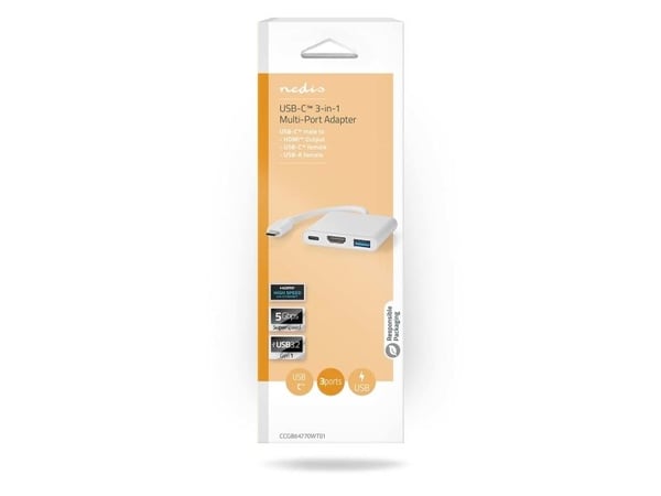 Nedis CCGB64770WT01, Koblet med ledninger (ikke trådløs), USB Type-C, 7,5 W, Hvit, 30 Hz, HDMI, USB 3.2 Gen 1 (3.1 Gen 1) Type-A, USB 3.2 Gen 1 (3....
