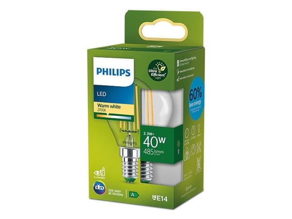 Philips LED - LED-filamentlyspære - form: P45 - klar finish - E14 - 2.3 W (ekvivalent 40 W) - klasse A - varmt hvitt lys - 2700 K